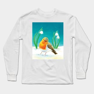 Red Robin in Winter Illustration Long Sleeve T-Shirt